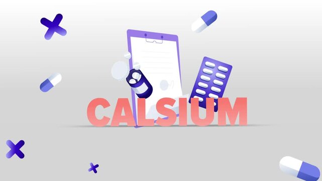 Calsium Typography with Medical Clipboard, Pill Bottle, Capsule Blister Pack and Pills on White Background