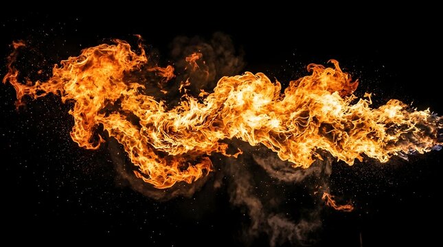 Intense fire stream against black background dramatic flames for visual effects and design projects