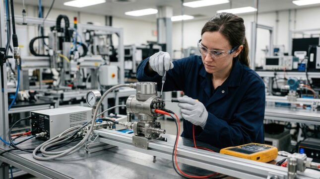 Technician working with complex machinery and electrical equipment in a lab setting