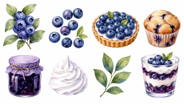 Watercolor blueberry clipart set with tart and muffin. Illustration isolated on white for bakery design