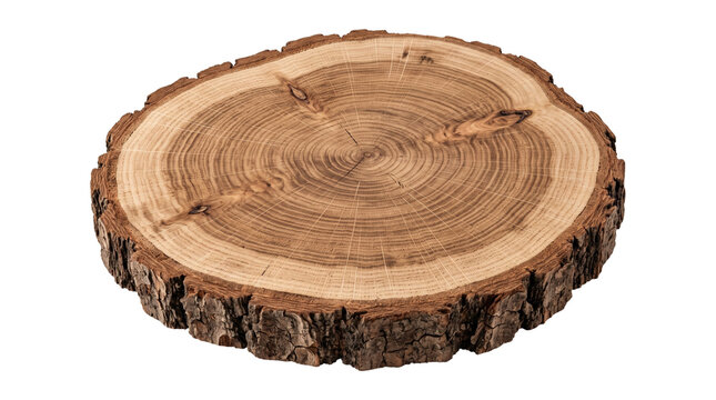 Natural wooden cross section of tree trunk showing circular growth rings isolated on transparent background.