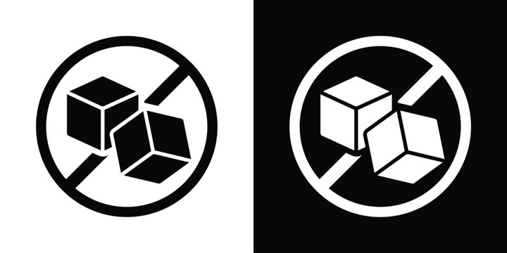 No sugar allowed prohibition sign icon featuring a crossed-out sugar cube inside a circle. Black and white vector symbol for sugar-free products and healthy eating labels.