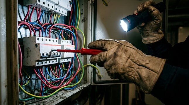 Professional electrician inspecting electrical panel with voltage tester and flashlight for safety