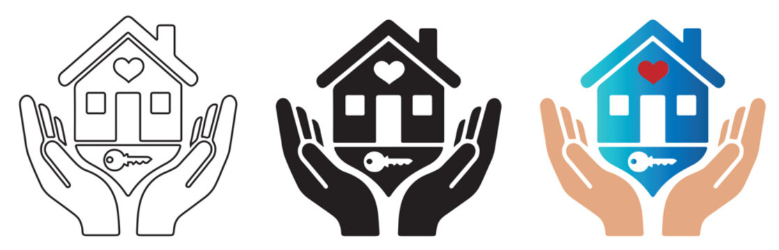 Real estate house insurance icons, hands holding home with heart and key symbols, property protection and mortgage loan vector set