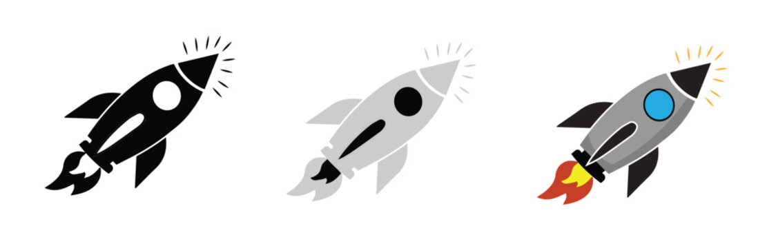 Rocket ship launch icons set, flat spaceship vector illustrations, black and white and color spacecraft symbols for startup business growth