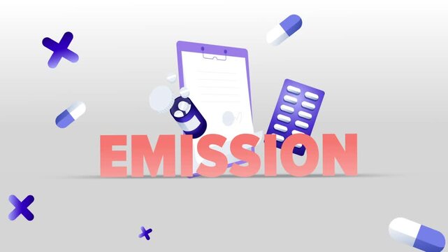 Emission Typography with Medical Clipboard, Pill Bottle, Capsule Blister Pack and Pills on White Background