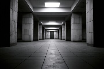 Obraz premium The Endless Concrete Corridor Extending Through a Dimly Lit Industrial Hall