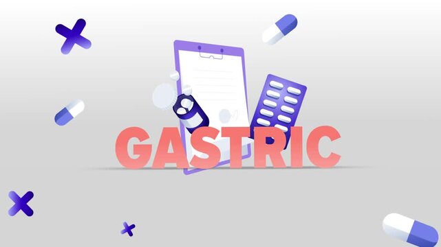 Gastric Typography with Medical Clipboard, Pill Bottle, Capsule Blister Pack and Pills on White Background