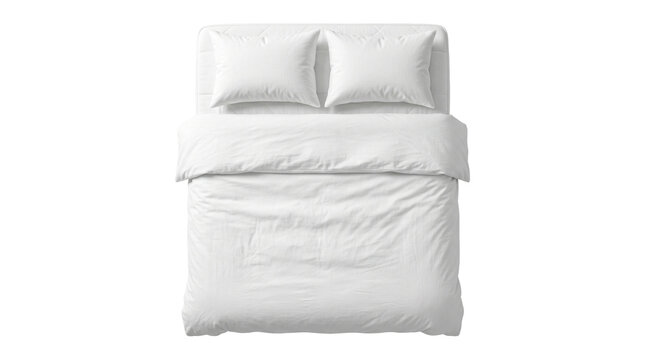 Overhead view of a perfectly made white bed with two pillows and fresh duvet isolated png.
