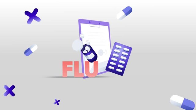Flu Typography with Medical Clipboard, Pill Bottle, Capsule Blister Pack and Pills on White Background