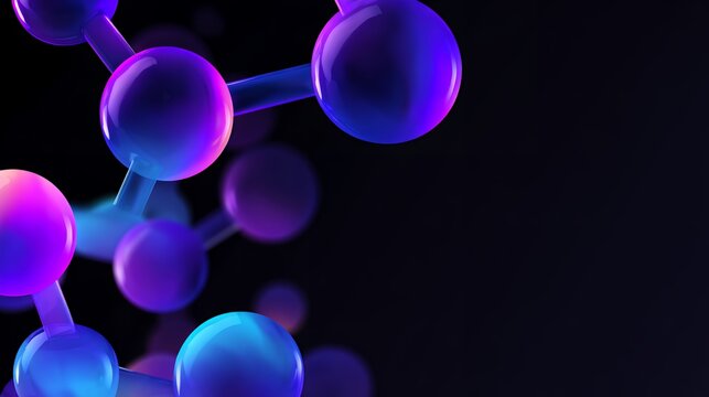 Abstract 3d molecular structure with glossy translucent purple and blue spheres on a dark background for science and chemistry concepts.