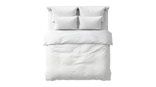 Top view of a neatly made white bed with four pillows and clean folded duvet isolated png.
