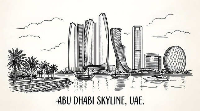 Hand Drawn Illustration of Abu Dhabi City Skyline Featuring Iconic Skyscrapers and Waterfront Dhow Boats on a Vintage Textured Paper Background