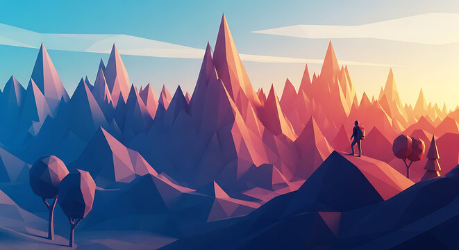 Low poly mountain range with person and trees at sunset background full hd download 2025 2026