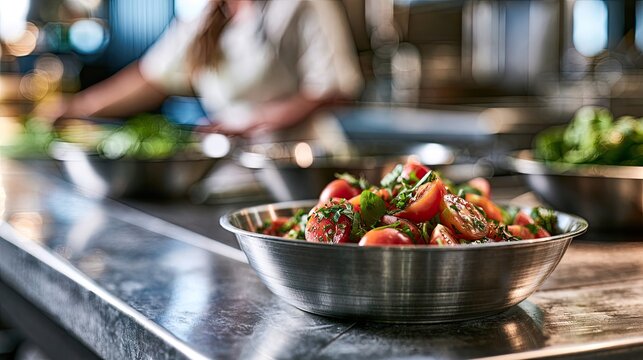 Fresh salad with cherry tomatoes prepared in a commercial kitchen