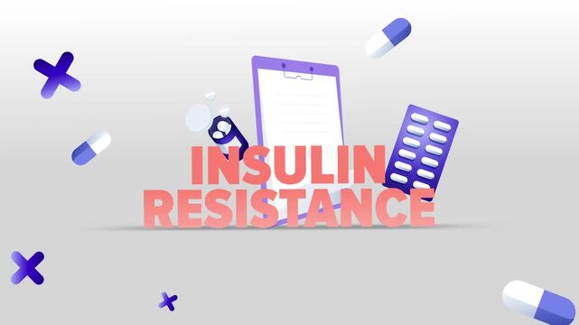 Insulin Resistance Typography with Medical Clipboard, Pill Bottle, Capsule Blister Pack and Pills on White Background