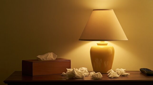 Warm glow from a bedside lamp illuminates a tissue box and crumpled papers