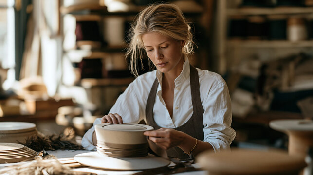 A milliner with nimble fingers pins silk ribbon around a structured felt crown in a sunlit workshop surrounded by wooden hat blocks, scattered feathers, and spools of velvet trim