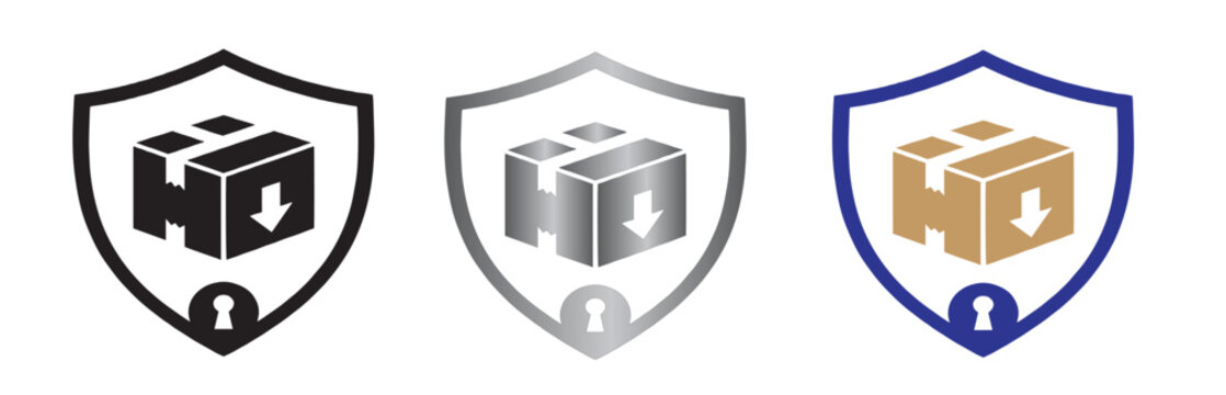 Secure delivery shield icons, package protection insurance symbols, 3 vector logistics safety logos with cardboard box and keyhole