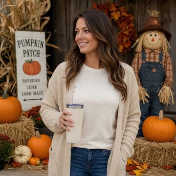 Woman holding a tumbler stands in a rustic autumn pumpkin patch decorated with hay bales and a scarecrow.