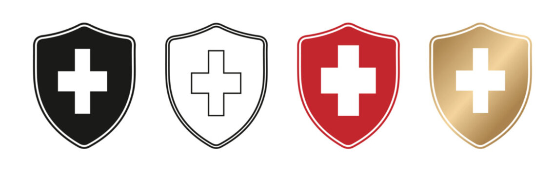 Medical shield icons with swiss cross, healthcare protection symbols in black red and gold, set of 4 vector emergency first aid badges