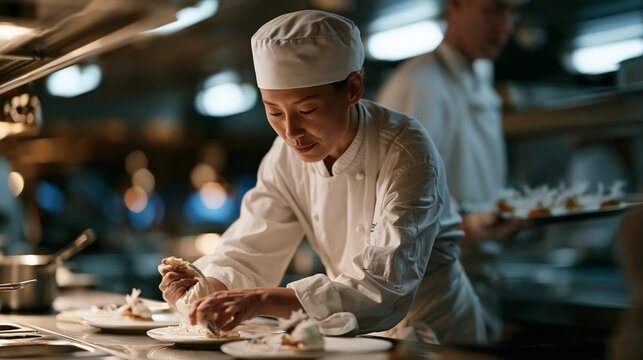 A cruise ship pastry chef in a below deck galley pipes intricate sugar work onto individual dessert plates for a formal dining event, stainless counters gleaming under fluorescent