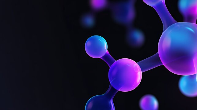 3d render of abstract molecule structure with neon blue and purple glow on dark background for science and medical concepts