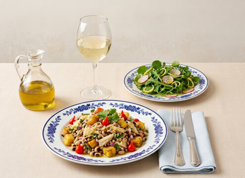 bacalhau com feij&atilde;o fradinho e banana da terra servida com salada fresca e vinho branco - Cod with black-eyed peas and plantain, served with a fresh salad and white wine