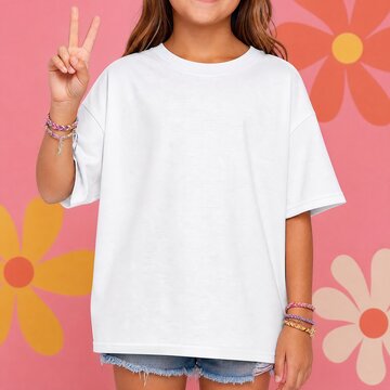 Child wears a blank white t-shirt and makes a peace sign gesture against a colorful retro floral background.