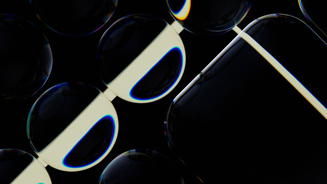 Abstract dark glassmorphism background. Transparent 3D tiles with colorful neon refraction for UI design. 3d rendering illustration not AI	