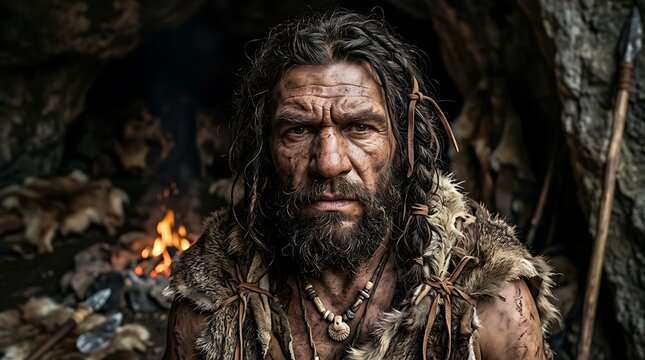 Intense warrior with face paint in forest.