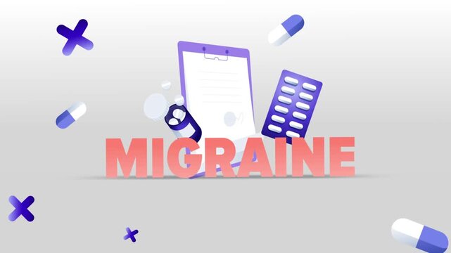 Migraine Typography with Medical Clipboard, Pill Bottle, Capsule Blister Pack and Pills on White Background