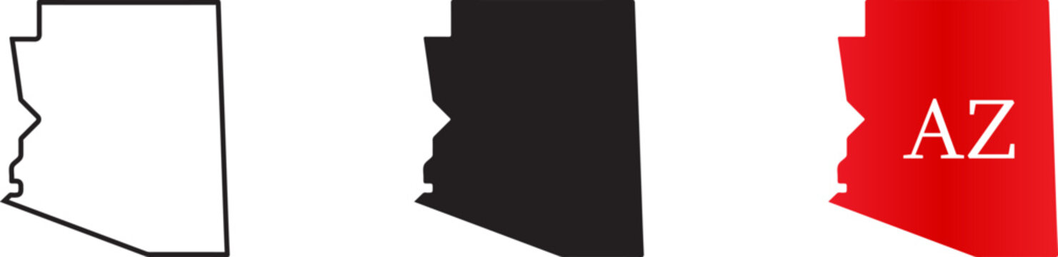 Three variations of the arizona state map shape, including a black outline, a solid black silhouette, and a red shape with the white letters az, isolated on a white background