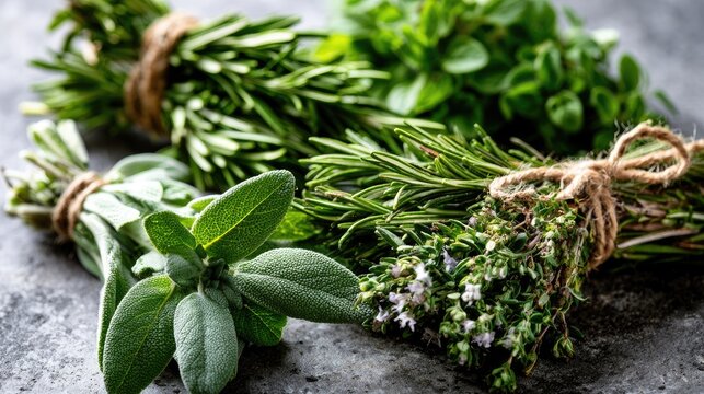 Fresh bundles of aromatic herbs tied with twine on a textured surface (1)