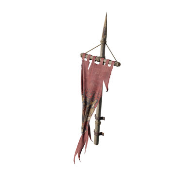 A weathered medieval red banner hanging from a wooden spear isolated on white background.