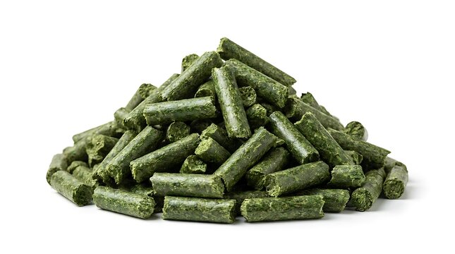 A pile of green organic animal feed pellets for livestock or pets. alfalfa pellet