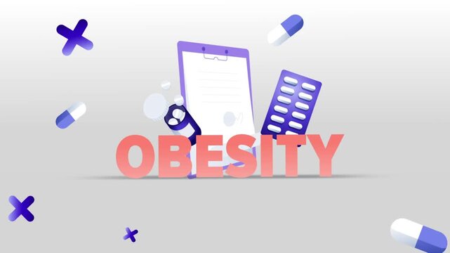 Obesity Typography with Medical Clipboard, Pill Bottle, Capsule Blister Pack and Pills on White Background