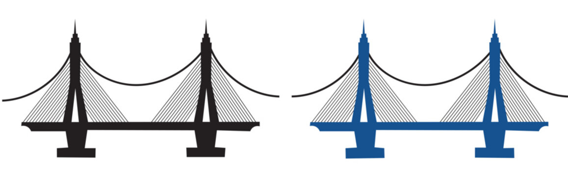 Suspension bridge vector icons in black and blue, modern cable-stayed bridge silhouettes, architectural infrastructure design elements