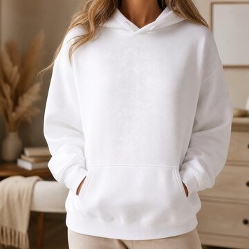 Woman wearing a plain white hoodie stands in a bright room with neutral decor and soft natural lighting.