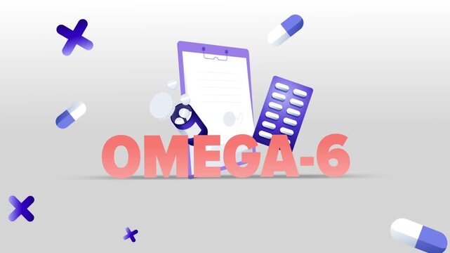 Omega-6 Typography with Medical Clipboard, Pill Bottle, Capsule Blister Pack and Pills on White Background