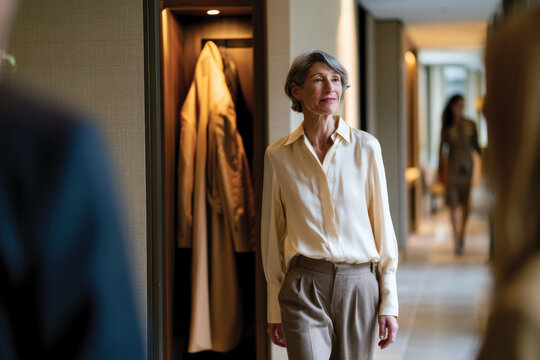 A stylish middle-aged woman walks confidently through a sleek hallway, embodying grace and sophistication while surrounded by a contemporary and luxurious environment.