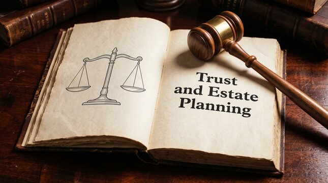Trust and Estate Planning open law book with scales of justice, wooden judge gavel on vintage library desk, legal inheritance and probate concept