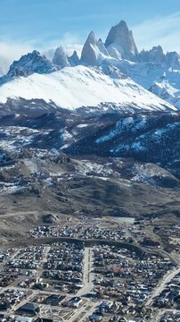 Patagonia City At El Chalten Santa Cruz Argentina. Aerial View Of A Bustling Downtown Cityscape With Modern Buildings. Outdoor Travel Patagonia Glacier. Landmark Patagonia High Angle View.