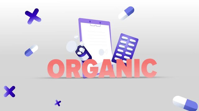 Organic Typography with Medical Clipboard, Pill Bottle, Capsule Blister Pack and Pills on White Background