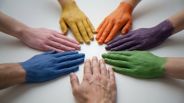 A top-down view of several hands painted in different colors, arranged in a circular formation pointing toward the center on a white background, representing unity, diversity, and teamwork.