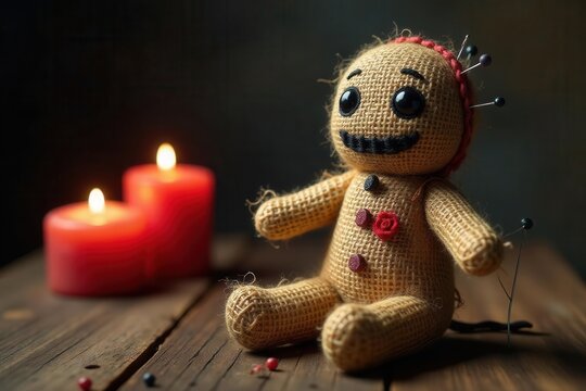 Burlap voodoo doll, pins, candles, wood, dark lighting, texture, gothic