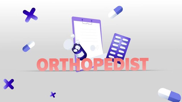 Orthopedist Typography with Medical Clipboard, Pill Bottle, Capsule Blister Pack and Pills on White Background