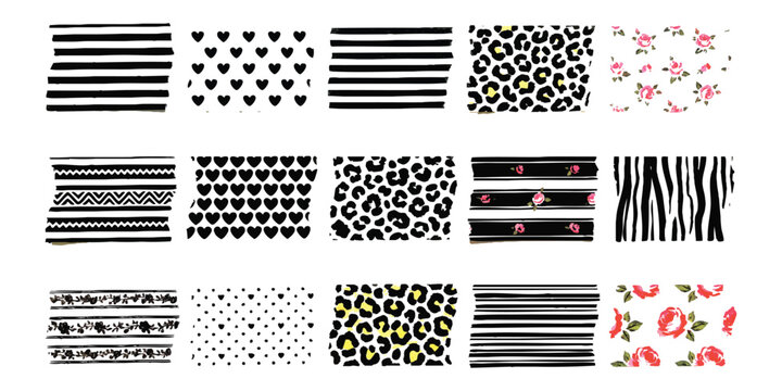 Set of black and white artistic brush stroke patterns and animal print textures