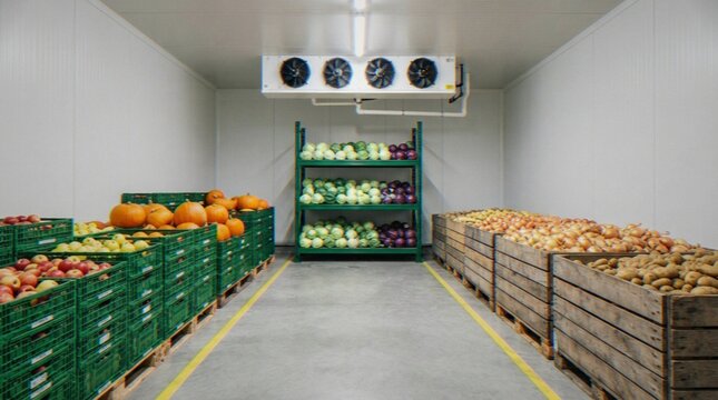A walk-in cold storage warehouse filled with fresh vegetables, including pumpkins, potatoes, onions, and cabbages, stored in crates and on shelves.