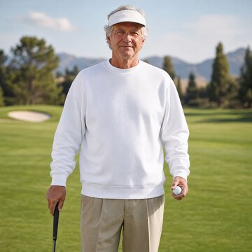 Golfer wears a white visor and sweatshirt while holding a ball on a sunny green golf course.